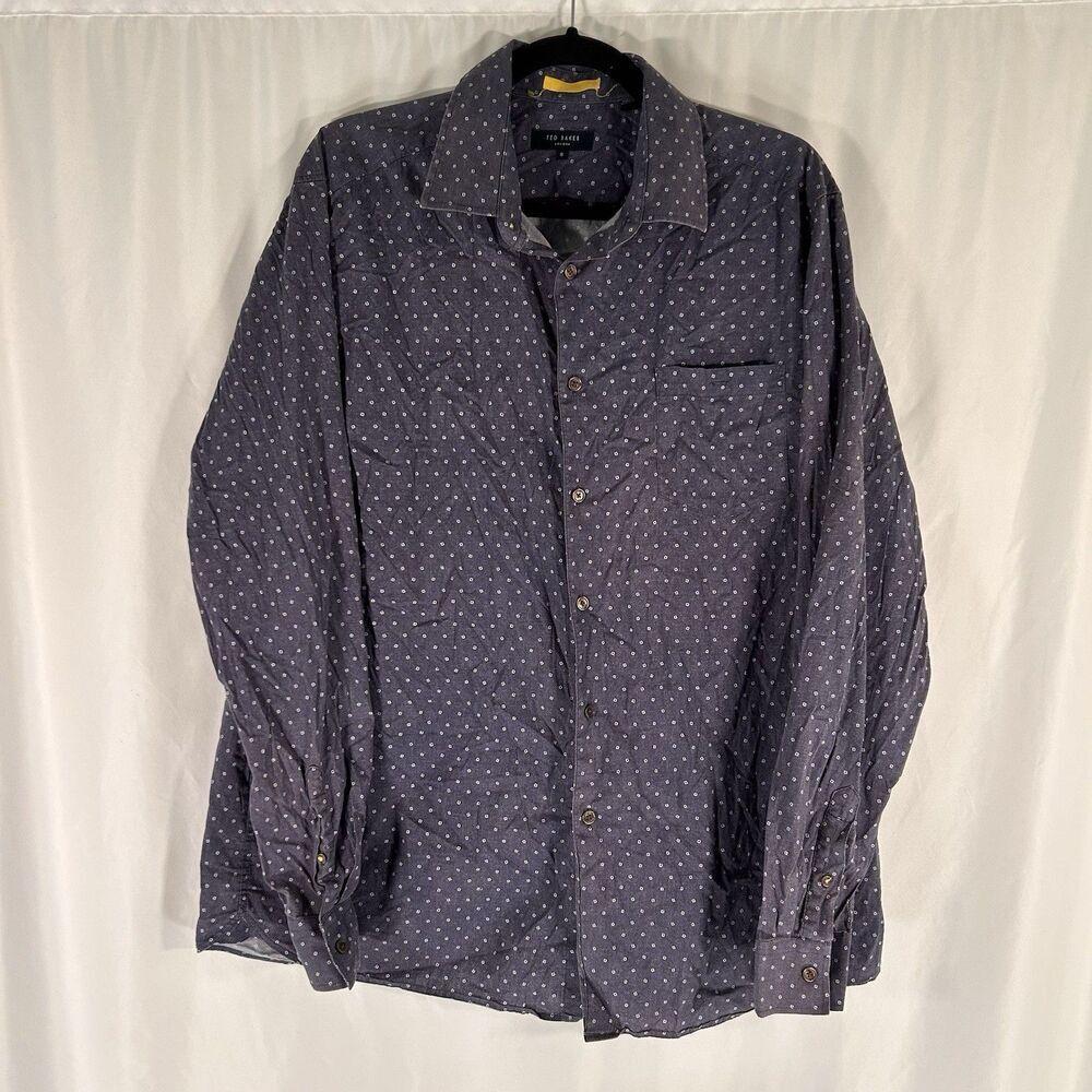 Ted Baker Shirt Men's 6 Blue Floral Button Up Long Sleeve Cotton Blend